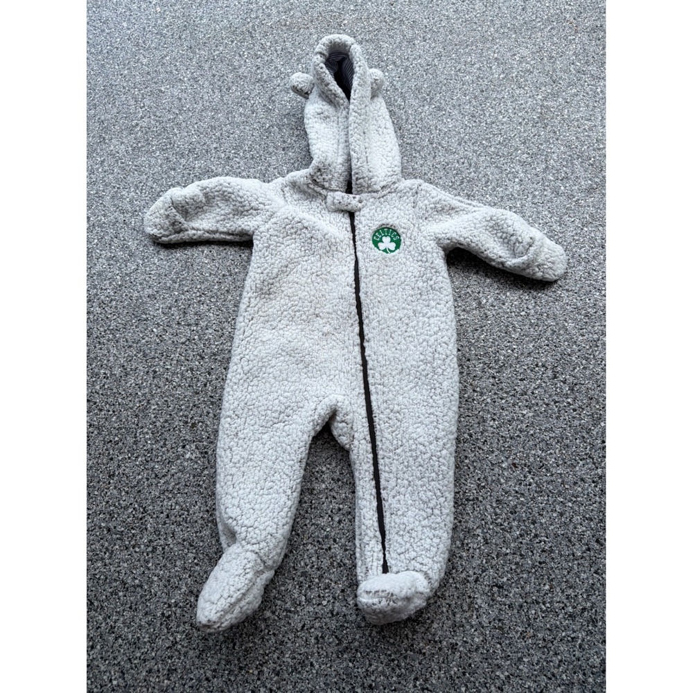 NBA Kids Boston Celtics Sherpa Fleece Pram Suit Bunting Grey 3-6M Hooded Zip